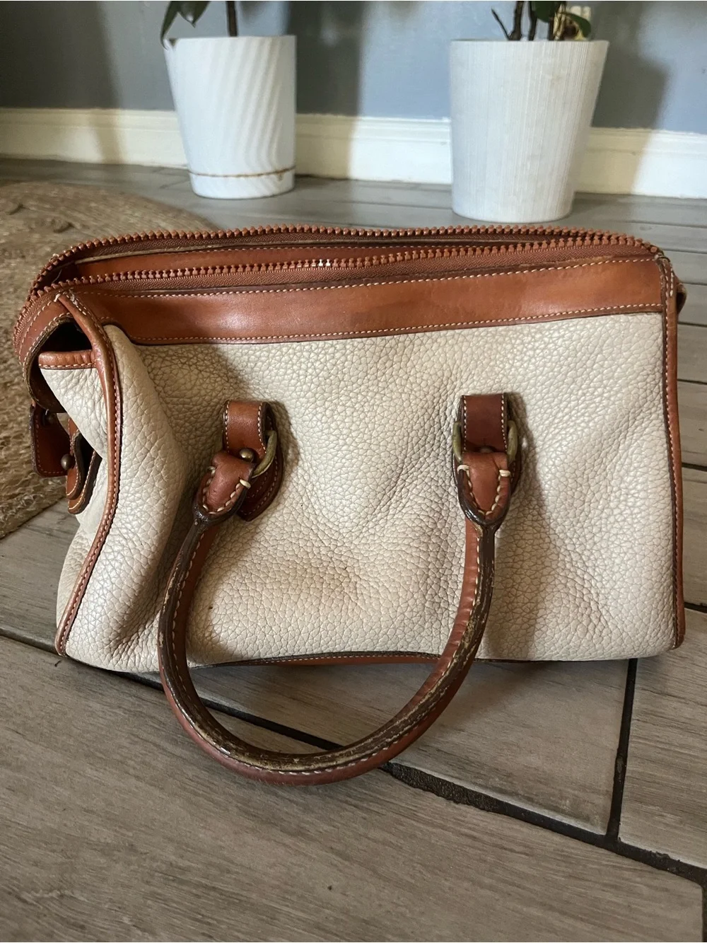 Dooney & Bourke Cream Pebbled Leather Satchel with Brown Trim